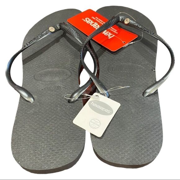 NEW Havaianas Slim Black Diamond Crystal Charm Flip Flops 6 11/12 - Picture 4 of 5